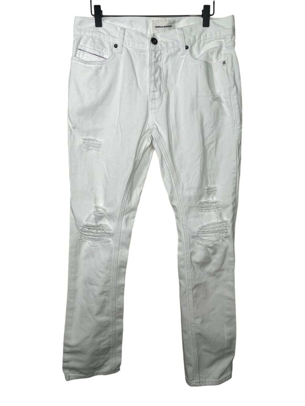 Sun Stone Mens 31 White Distressed Straight Leg Jeans Button Fly Denim